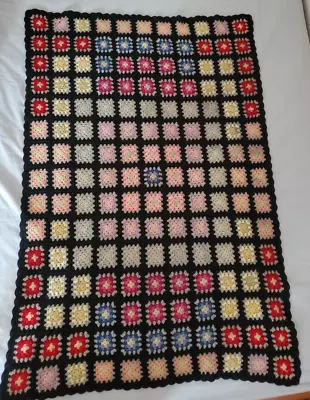 Granny Square Afghan Blanket Crochet Black Color ~58 X ~39 • $22.99