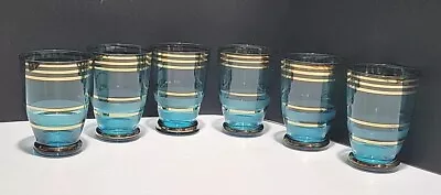 Vintage Blue Liqueur Cordial Shot Glasses 6pc Bohemian Gold Striped Aqua 2oz • $17