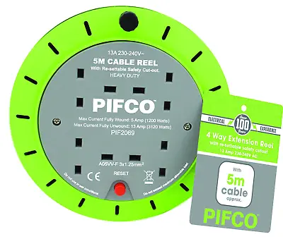 5M 2 OR 4 Way13 AMP Electric Extension Cable Reel Mains Plug & Socket Lead PIFCO • £14.99