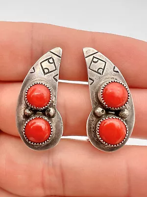 Vtg Navajo Sterling Silver Stamped Natural Red Coral Clip Post Earrings • $69