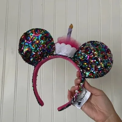 Disney Parks Happy Birthday Minnie Mickey Ears Cupcake Cake Sequined Headband • $8.99