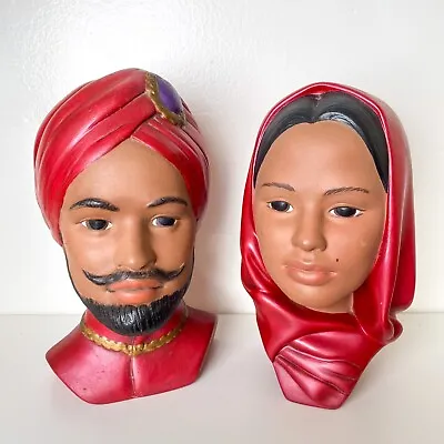 Vintage Pair Heads Bust Indian Sikh Couple Man & Woman In Headscarf Marwal ? • $98