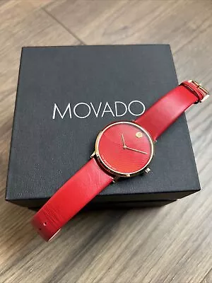 MOVADO MODERN 47 ANALOG QUARTZ 40MM Watch Red Face Leather Band Gold Case In Box • $99