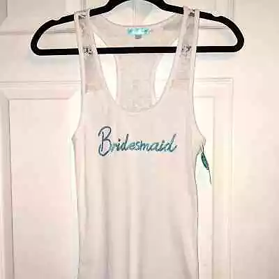 Blue By Betsey Johnson Blue Glitter Bridesmaid Lettering White Ribbed Tank Top M • $25