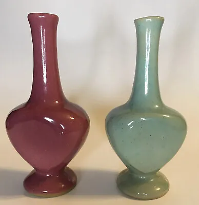 $22 • Buy Vtg ZANESVILLE Pottery Stoneware  Bottle Bud Vases Seacrest Green & Dusty  Rose