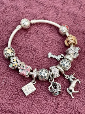 $62.78 • Buy Pandora Moments Bangle With Silver And Gold Charms, Over £600’s Worth Bracelet X