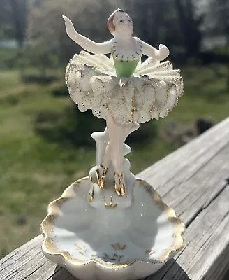 Ucagco Ceramic Ballerina Trinket Dish Lacy Ruffle Tutu Gold Trim 5” Tall • $9