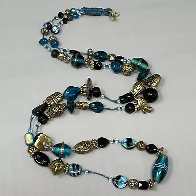 Vintage Art Glass Necklace Aqua Black Czech Bead Molded Frost Owl Bird Long 36  • $19.19