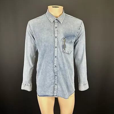 D&R Fashion Denim Shirt 40 M Mens Blue Button Down Collar Pocket Zip Acid Wash • £13.95