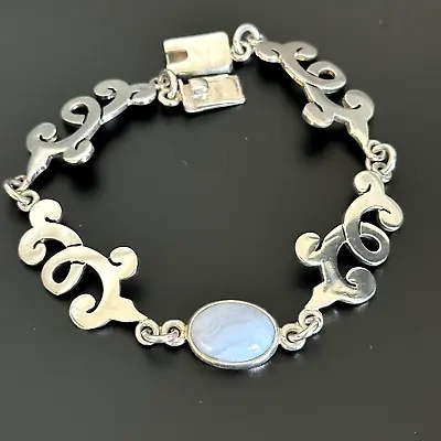 Vintage MWS 925 Mexico Sterling Silver Blue Lace Agate Scroll Link Bracelet 8  • $95