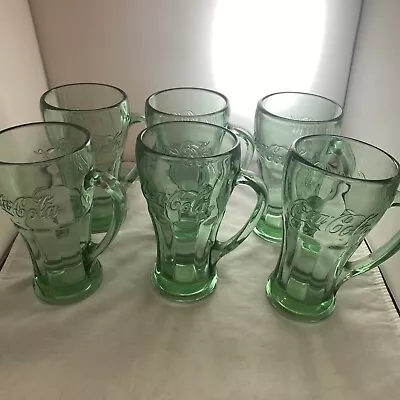 Libbey Coca-Cola Heavy Green Handled Glasses 14oz Mugs (Set Of 6). Vintage • $28
