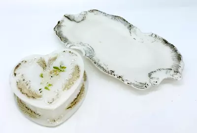 Antique Milk Glass 2 Piece Dresser Vanity Set Heart Shaped Hand Painted Box • $16.99