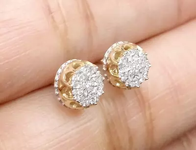  DEAL! 10K Yellow Gold Real Diamond Studs 6.40mm Men's 3D Pave Earrings 0.15 CTW • $169