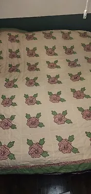 Vintage Floral Pansy Applique 72 X 82 Inch Purple Florals Sage & Cream Quilt • $69