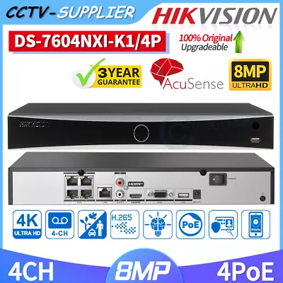 Hikvision AcuSense NVR 4CH 4K PoE 12MP Network Video Recorder DS-7604NXI-K1/4P • $171