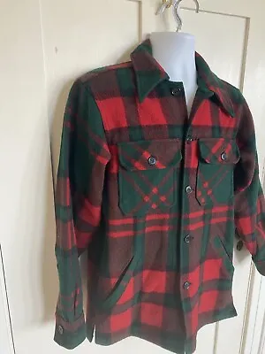 Vintage Woolrich Plaid Wool Blend Shirt Jacket 4 Pocket Red Green Mens Small • $62.90