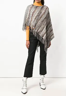 MISSONI $850 Asymmetric Zig Zag Soft Fringed Knit Neutral Multicolor Poncho OS • $118