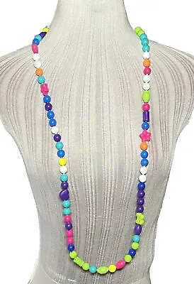 Vintage Pop Bead Necklace Bright Heart Flower Punk Rave Neon 44 In CC451 • $33.99