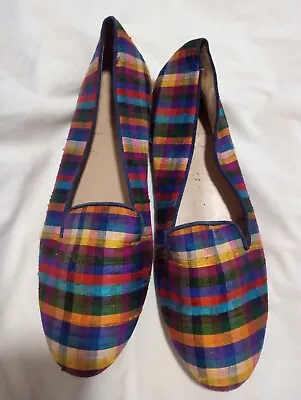 J Crew Blue Rainbow Multicolor Iridescent Plaid Loafers Sz 9 • $30