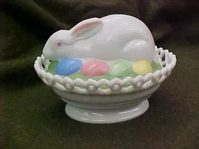 Easter Milk Glass Bunny Rabbit On Nest Hand Painted Eggs Westmoreland Candy Dish • $84.95