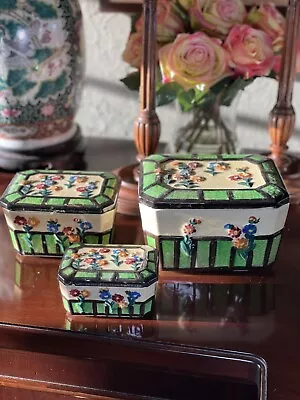 Set Of 3 Vintage Majolica Canisters Floral Design Nesting Set JAPAN • $58