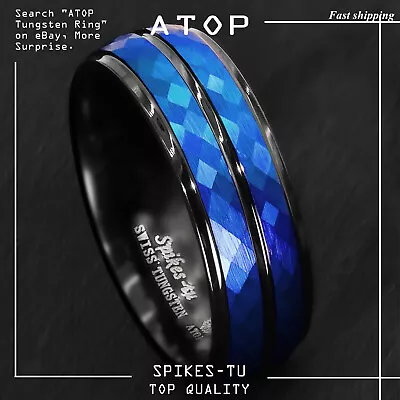 8/6mm Black Blue Brushed Crystal Skin Tungsten Ring Men Bridal Band ATOP Jewelry • $17.99