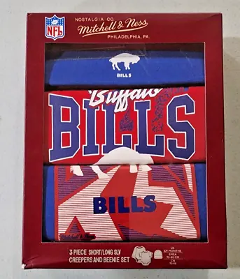 Mitchell & Ness Buffalo Bills 3 Piece S/L Sleeve Creepers & Beanie Set 6-9 Mths • $26.97