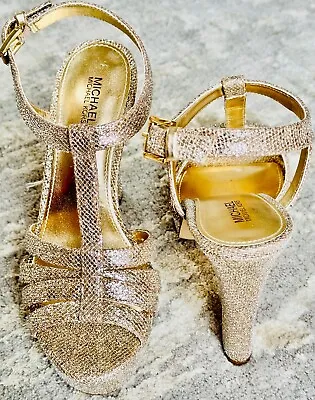 Michael Kors Gold Metallic Ankle Strap Platform Heels Shoes 7M Style 18A • $25