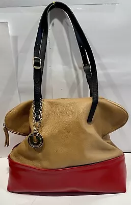 CHARLES JOURDAN Tan Red Black Pebbled Leather Large Tote Shoulder Handbag 33 • $49.99