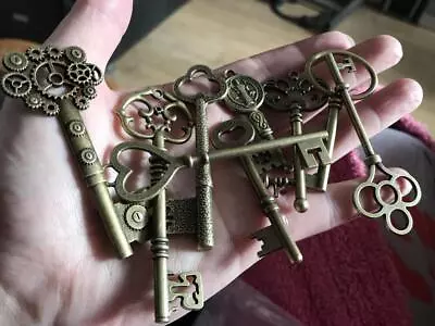 9pcs Keys BIG Large Antique Vintage Old Brass Skeleton Lot For DIY Making Lock • $8.36