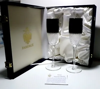 *EXCELLENT* Faberge Crystal FIRENZE (2009) Set 2 Black Champagne Flutes 9 5/8  • $349.98