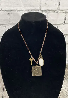 Antique Goldtone Book Shaped Locket Necklace W/ Key And Mirror Charm 22” Length • $13.59
