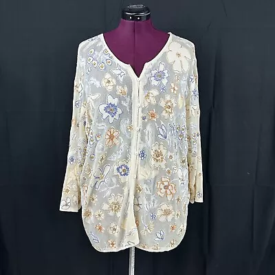 Sigrid Olsen Ivory Multi Embroidered Metallic Floral Cardigan Sz 3X Button Front • $34.50