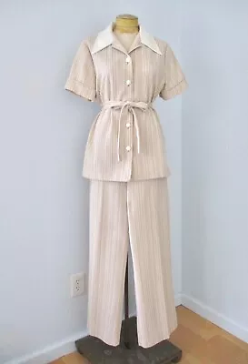 Vtg 70s Secretary Beige Textured Poly Knit 2-Pc Wide Leg Pant Top Suit Belt L/XL • $39.99