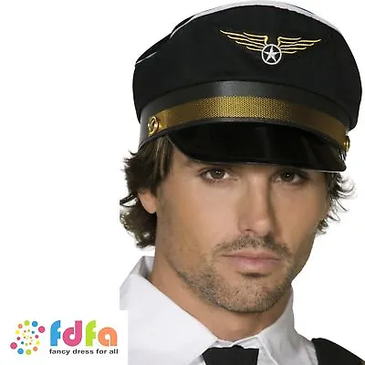 £6.09 • Buy BLACK & GOLD AIRLINE PILOT CAPTAIN CAP HAT Mens Fancy Dress Costume Accessory