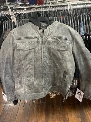 Men's Distress Grey Leather Jacket With Zip Off Hoody Size 2XL • $200