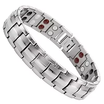 8.5  Inch Mens Titanium Steel Grooved Silver Tone Magnetic Bracelet + Fancy Box • $49.95