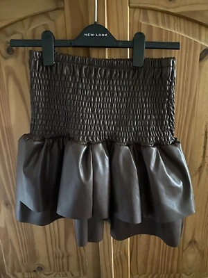 £10 • Buy Chocolate Brown Leather Look Ruffle Rara Mini Skirt 