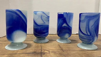 Hand Blown Watercolor Blue White Pedestal 4” Glass Vase Goblet Set 4 Unique • $20.95