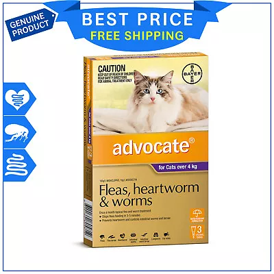 ADVOCATE For Cats Over 4 Kg Purple Pack 3 Pipettes Flea Heartworm Worm Treatment • $48.99