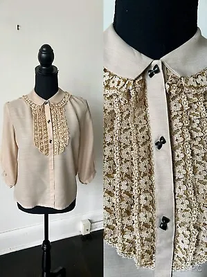 Vintage Lace Ruffle Collared Blouse 1950’s Lace Top 50’s Preppy Tan Tuxedo Shirt • $48