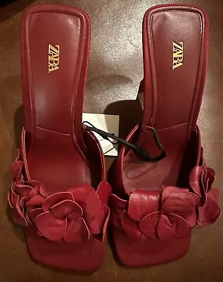 ZARA NEW WOMAN SLIDES/MULES SHOES WITH FLOWER RED Size 6.5  EU 37 • $68