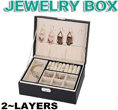 Jewelry Organizer Case Box Storage Earring Ring Velvet Display Leather  2 Layer • $23.99