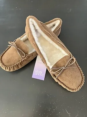 Women's Chestnut Genuine Suede Moccasin Leather Slippers - Stars Above™ Size 10 • $14.50