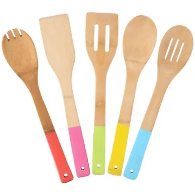 £6.99 • Buy 5 X BAMBOO SPOONS Wooden Spatula Spoon Kitchen Cooking Utensils Tools Turner Set