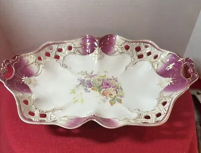 C.T. Carl Tielsch  Germany Handled Bowl Platter Purple Flowers 13” By 9” Vintage • $26.25