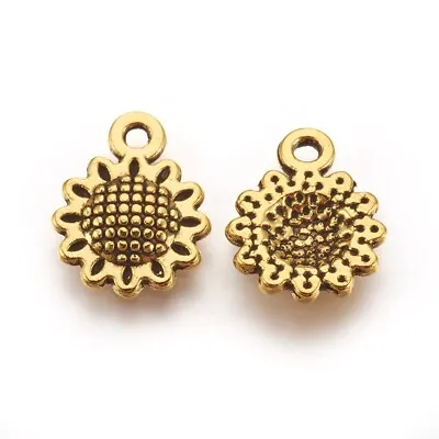 10 Sunflower Charms - Antique Gold Tone - 9mm - Golden Flower Gardener - P00291 • £2.89