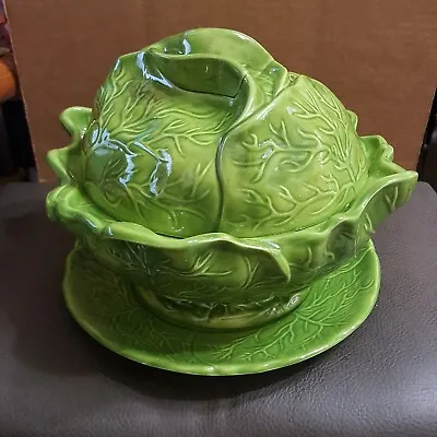 Vintage Holland Mold Green Cabbage Ceramic Bowl With Lid And Plate. Lettuce Dish • $19.50