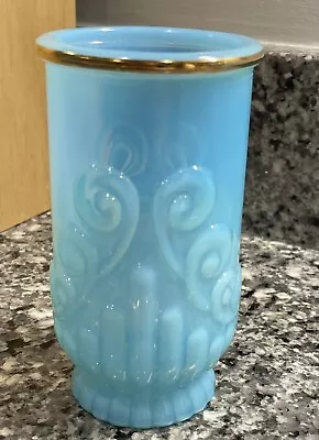 Vintage Avon Windsong Embossed Vanity Blue Milk Glass Vase Gold Rim 5  Tall • $7.99