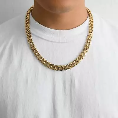 Men's 12mm Gold Plated Steel 18-24 Inch Cuban Curb Chain Necklace • £12.99